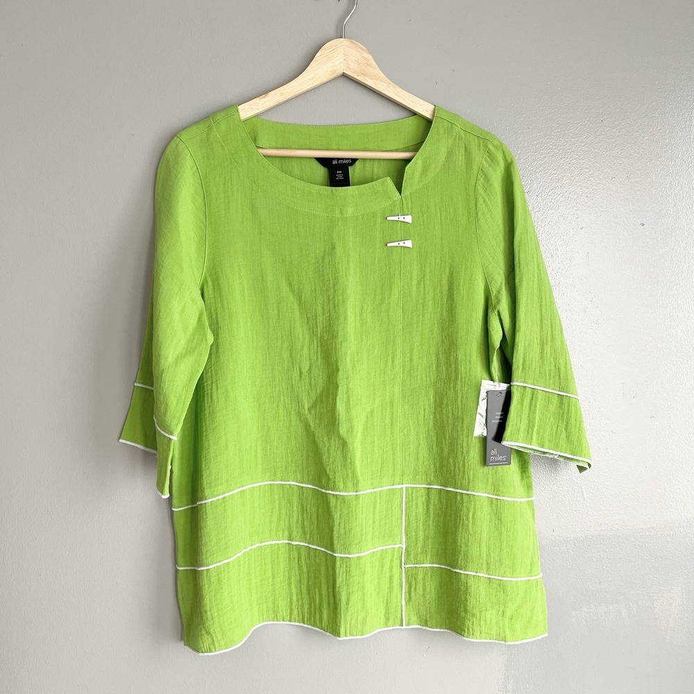 Ali Miles Tunic Top Lime Green Shirt White Trim Flowy Artsy Petite Medium NWT